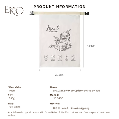 Ekologisk Bivax Brödpåse – 100 % Bomull